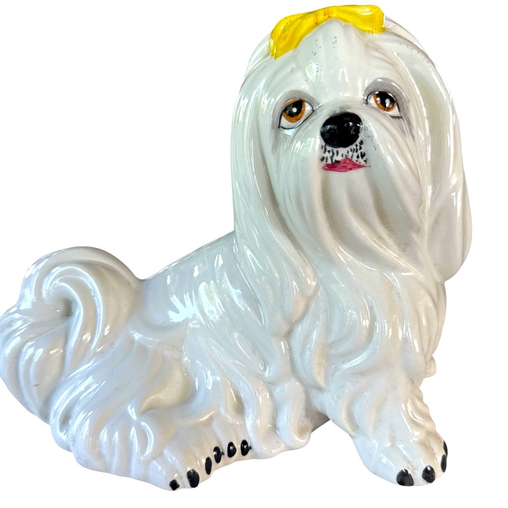 Vintage Signed Italian Ceramic Maltese Dog Figure W/bow 7.5”x9 LARGE Mid Century